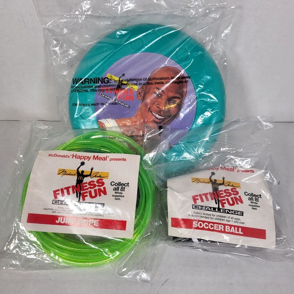 3 Fitness Fun Jordan Happy Meal McDonalds Toys 1991 Jump Rope Soccer Flying Disc